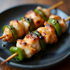 "A classic serving of yakitori skewers, featuring grilled chicken, leeks, and shishito peppers, glazed with a sweet and savory tare sauce."