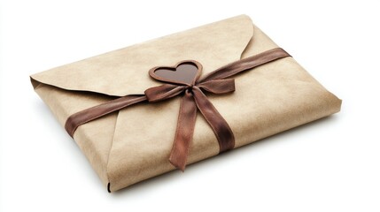 brown paper gift wrapped package with brown ribbon and heart