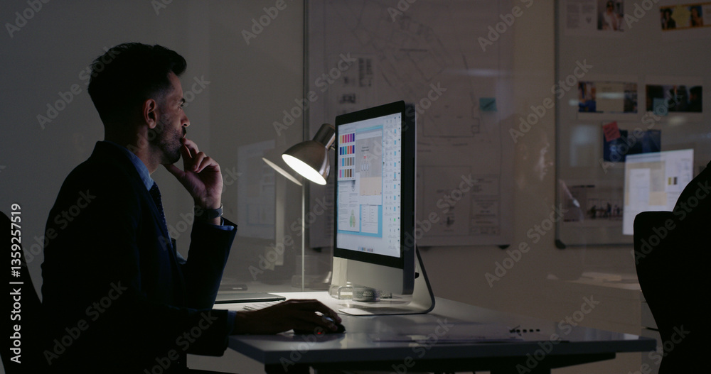 Aufkleber Thinking, computer and architecture with business man for floor plan, CAD project or night. Reflection, engineering blueprint and research with person in office for real estate developer and deadline