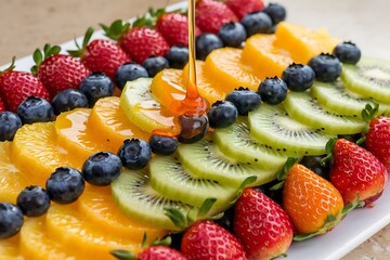 A Vibrant and Delicious Fruit Platter with Honey Drizzle