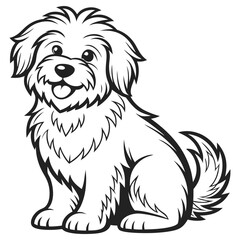 Maltese Puppy Outline Sitting White Dog with Bushy Tail, Smiling, Isolated on White