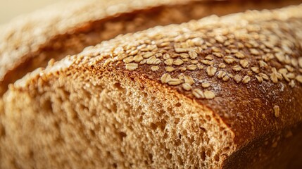 A Close-Up Shot of a Deliciously Baked Loaf of Oatmeal Bread,  Showing its Rich Texture and Sprinkled Oats