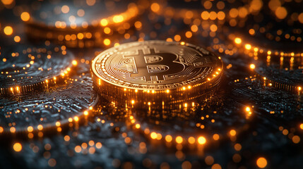 A stack of gold and silver cryptocurrency coins, futuristic and glowing, digital blockchain patterns, sci-fi lighting,