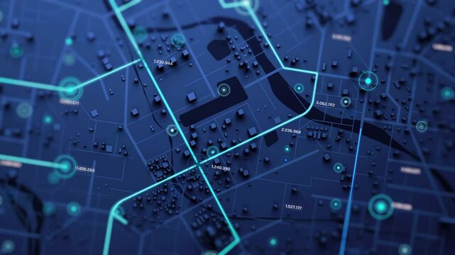 3D rendering of the aerial view of a city map with intersections, navigation lines, and running digit numbers, like a digital travel information hub for transport and technology concept