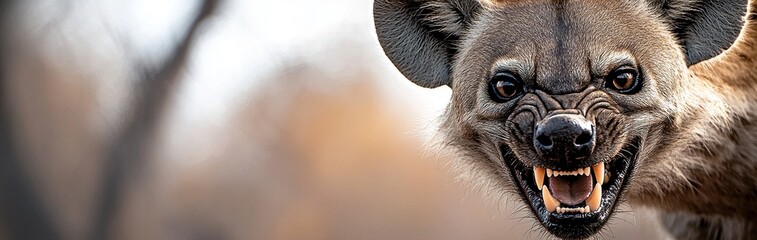 A close up of a snarling hyena showing its teeth
