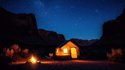 A glowing campsite under a beautiful starlit night sky