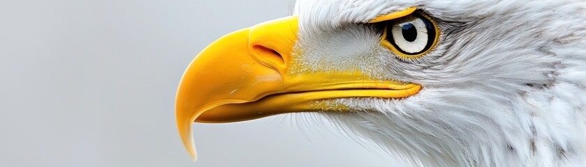 A majestic bald eagle displays its beak and piercing eye