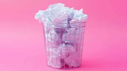 A transparent wire trash bin with neatly arranged crumpled papers forming a gradient effect on a pink backdrop