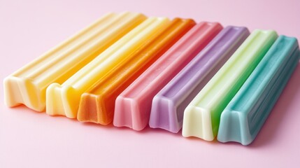 Colorful layered candy bars arranged in a row on pink background
