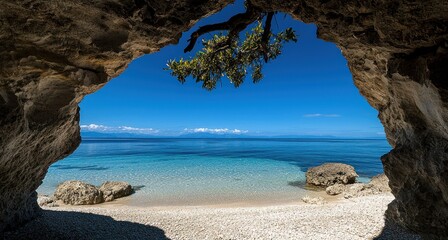 Beautiful turquoise water view seen from inside a rocky cave