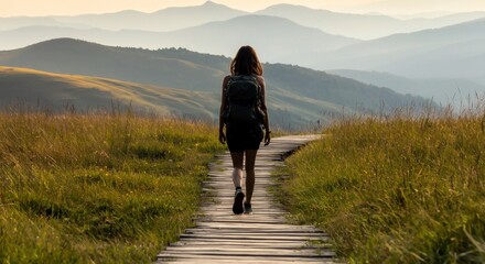 A person hikes along a wooden path through grassy landscapes
