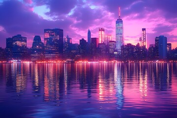 Manhattan Skyline at Dusk: The iconic Manhattan skyline shimmers at dusk, reflecting vibrant purples and oranges in the calm water, painting a portrait of urban beauty.