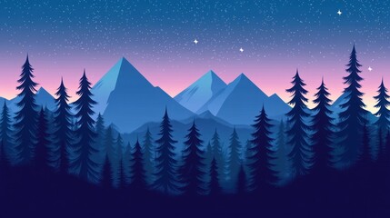 A scenic illustration depicting mountains and trees at night
