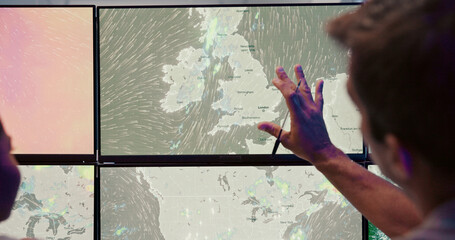 Screen, weather and man with wind discussion for news, research and reporter. Presenter, ecology...