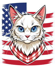 Cute cartoon cat holding a USA flag  t-shirt design vector illustration 