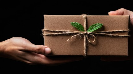 A hands holding a decorated gift wrapped in brown paper