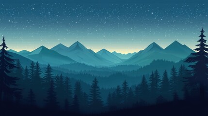 A scenic landscape featuring mountains forest and a starry night
