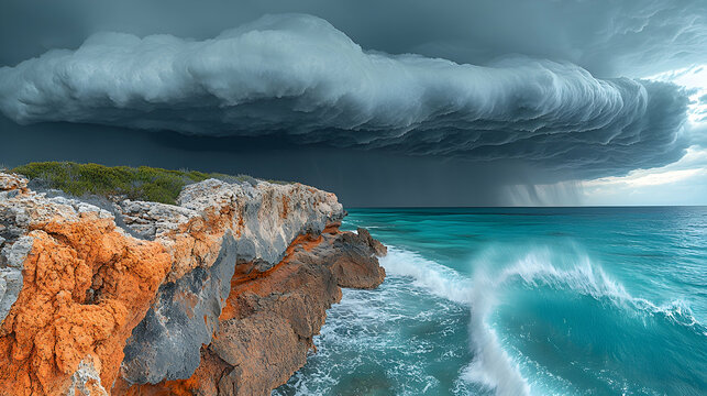 A massive storm cloud looms over a rocky coast with turquoise waters and crashing waves creating an awe-inspiring seasc