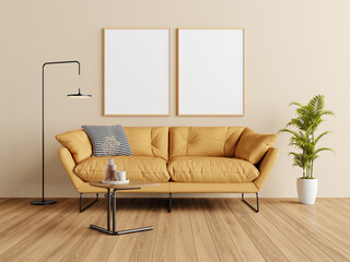 Elegant Living Room with Yellow Sofa, Modern Decor and Artwork
