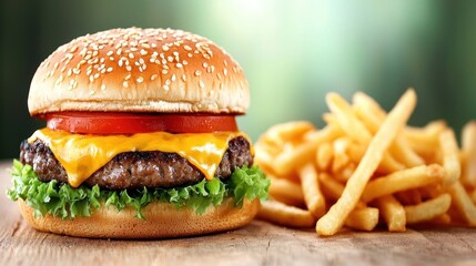 A delicious cheeseburger served with a side of golden french fries