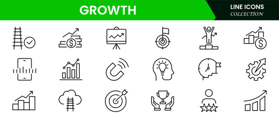 Growth line icons collection. Big UI icon set in a flat design. Thin outline icons pack. Vector illustration