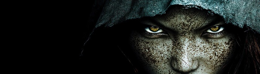 The ominous face features piercing golden eyes staring intensely at the viewer