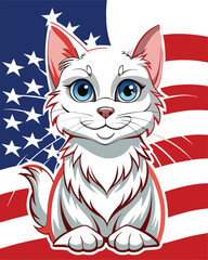 Cute cartoon cat holding a USA flag  t-shirt design vector illustration 