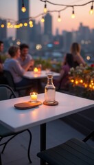 A beautifully set table on a rooftop terrace glows with warm candlelight, surrounded by city skyline views. The intimate atmosphere is enhanced by twinkling string lights and soft chatter, perfect for