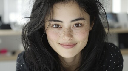 Beautiful young woman smiling directly at the camera with freckles