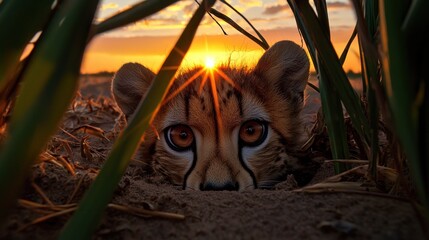 A cheetah cub peeks through tall grass at sunset
