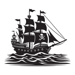 Vintage Pirate Ship Silhouette Illustration Sailing on the Sea Waves