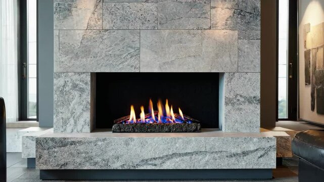 Stylish modern fireplace with burning flame in stone wall. Concept of comfort and luxurious interior design