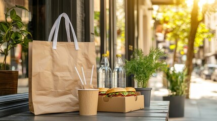 Takeaway food and drinks presented outside a building for enjoyment