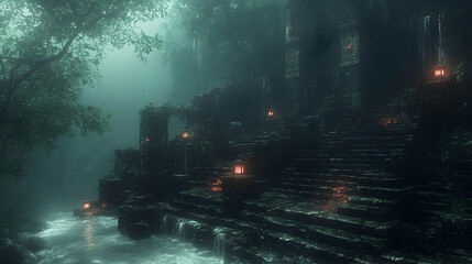 A misty ancient structure veiled in lush greenery and glowing lanterns stands alongside a serene stream evoking an a