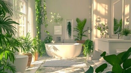 Fototapeta premium Botanical sanctuary, A bathroom immersed in vibrant greenery and sunlight