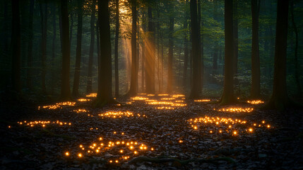 Obraz premium A misty forest scene with golden sunlight filtering through tall trees casting glowing spots on the forest floor covere