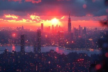 Fototapeta premium City Skyline at Sunset: Witness the majesty of a cityscape at sunset, where skyscrapers pierce the twilight sky, the sun paints the clouds with vibrant hues.