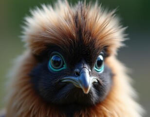 close up face of Silkie Chicken with fluffy fur and dark skin