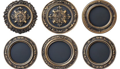 Ornate golden circle frames with decorative elements in vintage or antique style