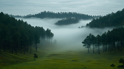 Fototapeta premium A misty valley with dense dark evergreen forests bordering a bright green meadow under an overcast sky creating a sere