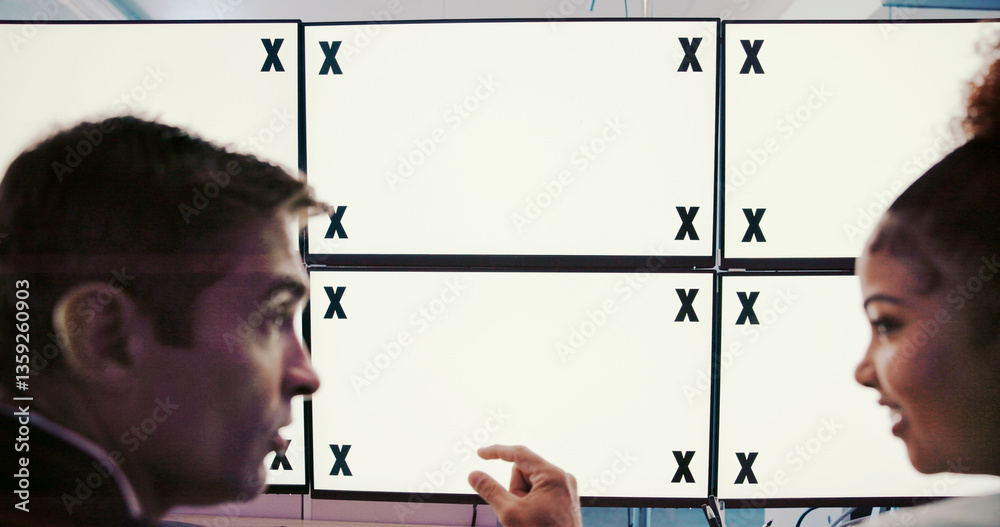 Poster talking, people or space on screen in control room for trading, finance or stock market prices in ni