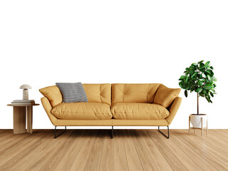 Free PNG wallpaper mockup Cozy modern living room with yellow sofa, wooden floor, and a plant in Interior Living Room, 3D rendering