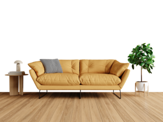 Free PNG wallpaper mockup Cozy modern living room with yellow sofa, wooden floor, and a plant in Interior Living Room, 3D rendering