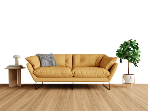 Free PNG wallpaper mockup Cozy modern living room with yellow sofa, wooden floor, and a plant in Interior Living Room, 3D rendering
