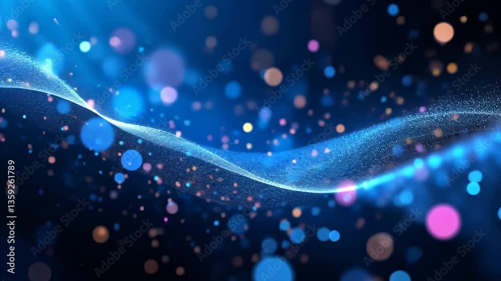 Wall mural abstract blue wavy flowing particle digital background with bokeh light effect