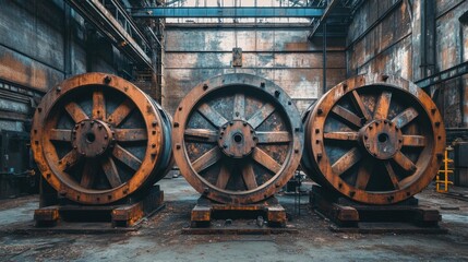 Obraz premium Large industrial flywheels, their surfaces covered in deep rust and decay, in a rail factory