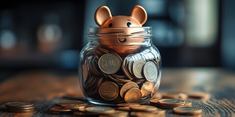 Piggy Bank Overflowing: A cute, moneybox-shaped piggy bank, symbolizing savings, is brimming with coins.