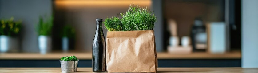 A brown paper bag with fresh herbs and a bottle