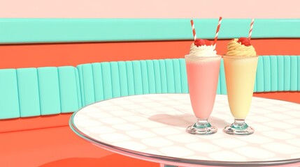 Two Milkshakes On A Table In A Diner Setting