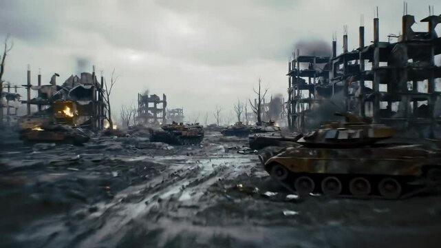 Drone shot of a battlefield with tanks during the war.
